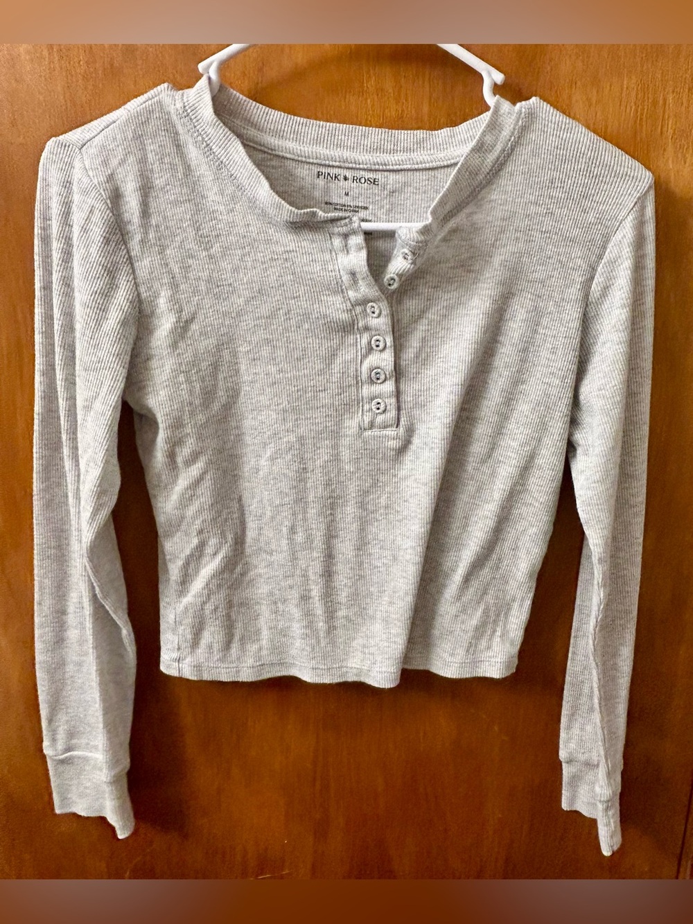 Pink Rose' Light Gray Ribbed Henley Long Sleeve Top
